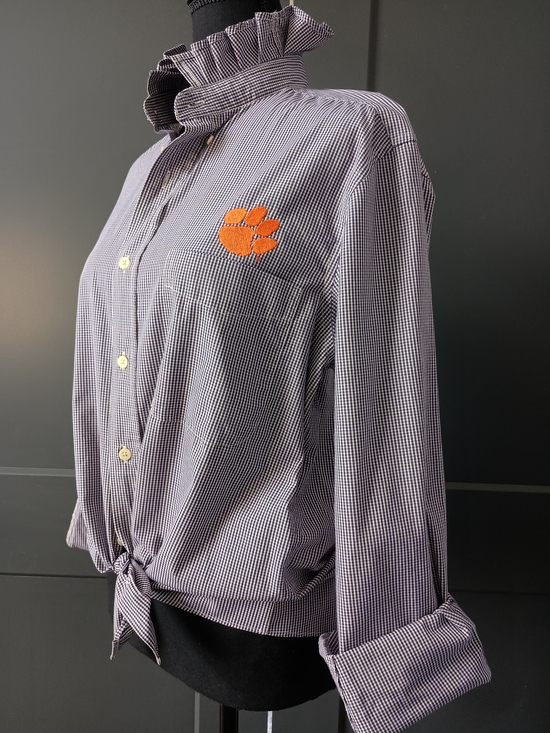 Tops - Upcycled Women's Clemson Ruffle Collar Shirt #106